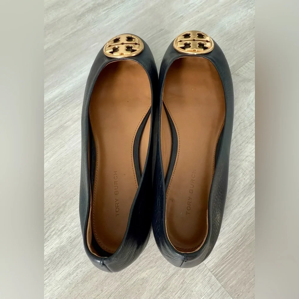 Tory Burch Benton Ballet Flats Shoes Black Nappa Leather Gold Tone Logo Size 6